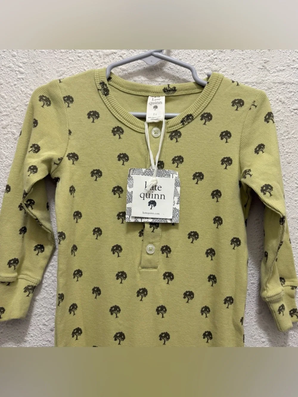 Kate Quinn Unisex Long Sleeve Henley Jumpsuit Green with Trees NWT 2T